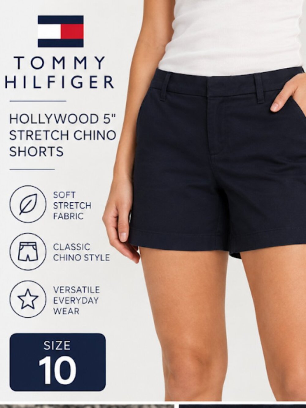 Tommy Hilfiger Women's Hollywood 5" Stretch Chino Shorts - Navy Blue - Size 10